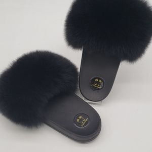 100% Real Fox Fur Black Slides